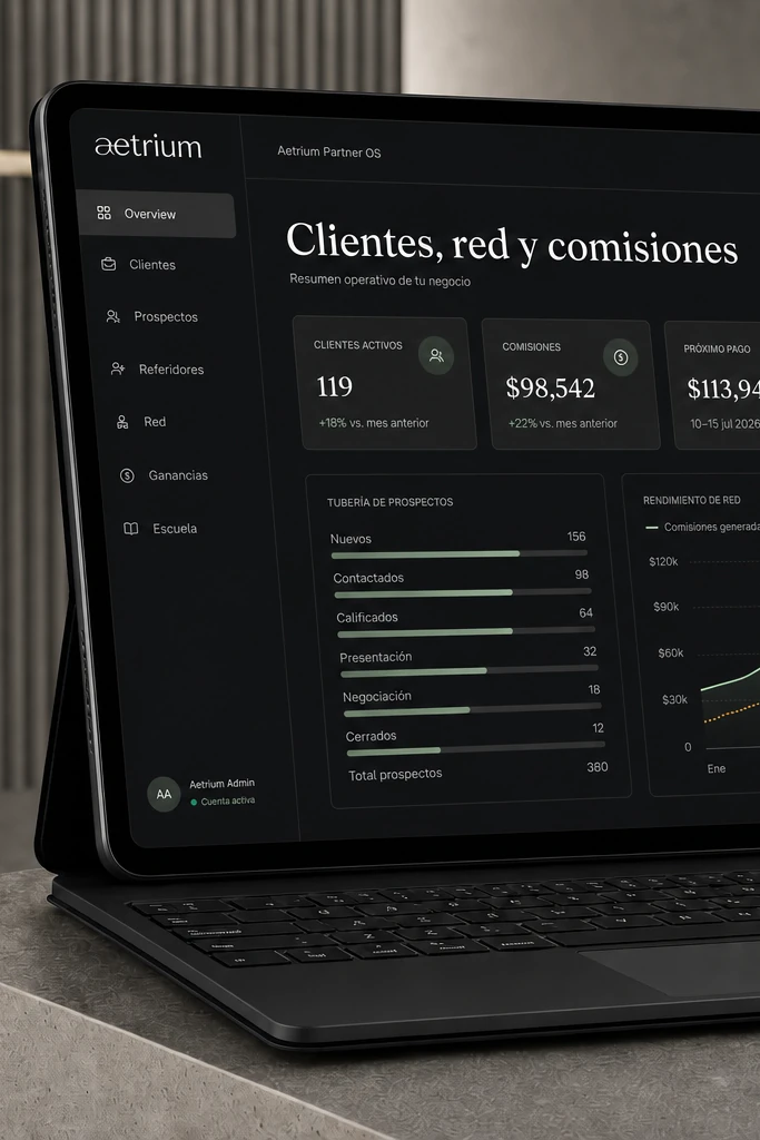 Aetrium Partner OS en modo oscuro mostrando clientes, pipeline, comisiones, próximo pago y rango vigente